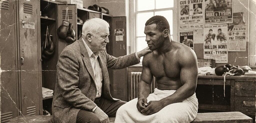 Photo vintage montrant la relation père-fils entre l'entraîneur légendaire Cus D'Amato et le jeune Mike Tyson dans les vestiaires.