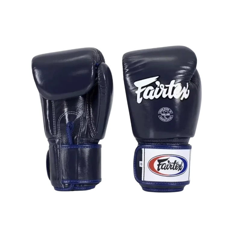 Paire de gants Fairtex BGV1 bleu marine — vue paume et face, coutures renforcées, cuir véritable Tight Fit