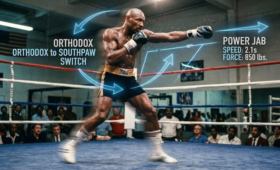 Analyse technique : Hagler changeant de garde (droitier vers gaucher) tout en lançant un jab puissant.