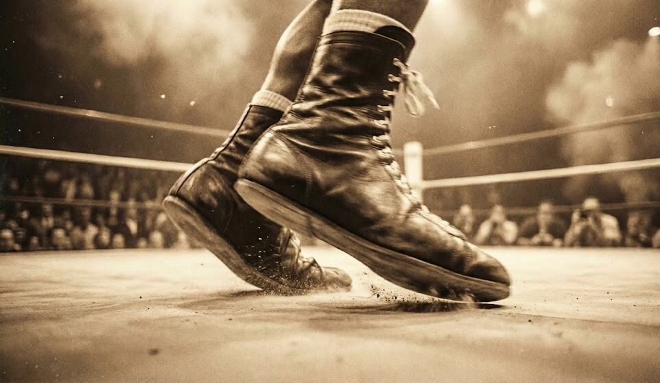 Le célèbre Ali Shuffle : gros plan sur les chaussures de boxe de Muhammad Ali effectuant son jeu de jambes rapide.