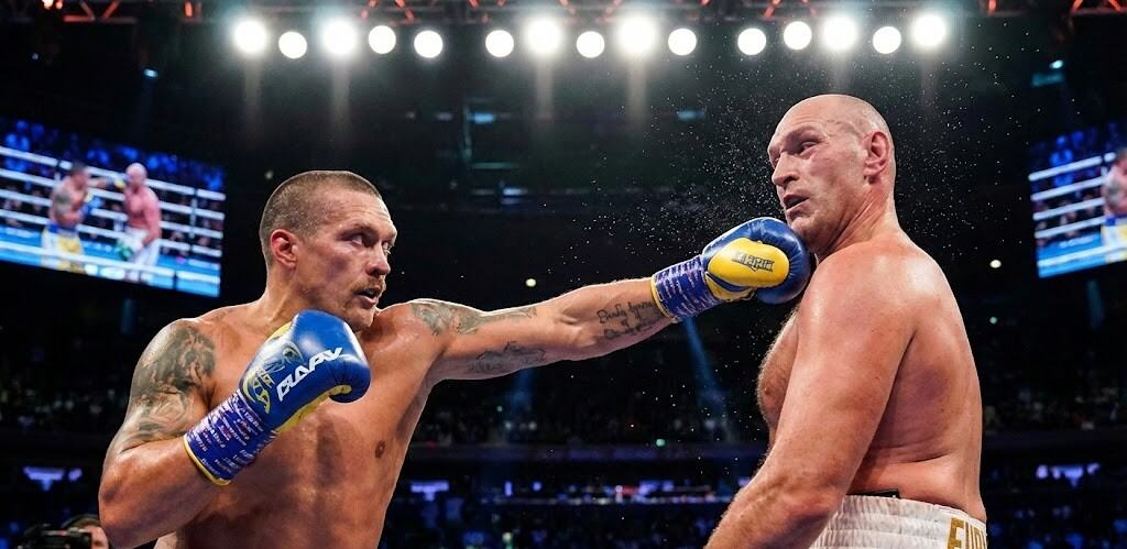 Oleksandr Usyk connectant une gauche précise sur le visage de Tyson Fury lors de leur combat historique.