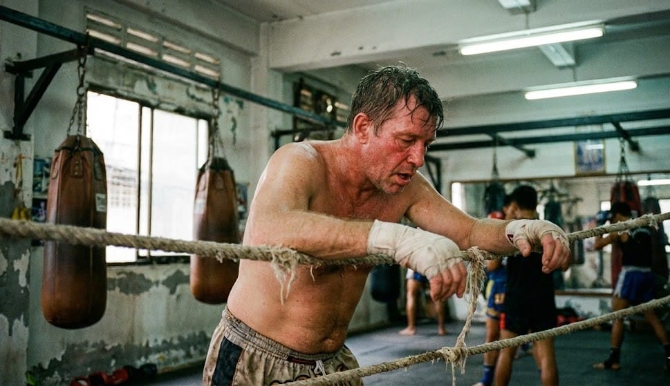 Photographie argentique granuleuse d'un combattant de Muay Thai d'âge moyen, trempé de sueur et totalement épuisé, appuyé lourdement sur les cordes du ring après un entraînement intense dans un vieux gymnase authentique et délabré à Bangkok.