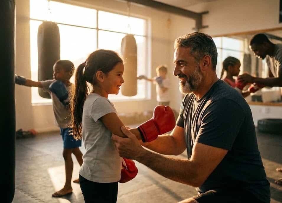 Coach de boxe apprenant les gestes de sécurité à un enfant lors d'un cours.