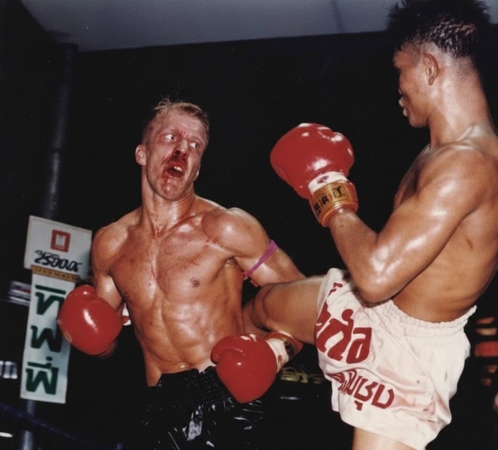 Portrait d'action de Ramon Dekkers en plein combat de Muay Thai, montrant sa détermination intense et sa technique de frappe légendaire sur le ring