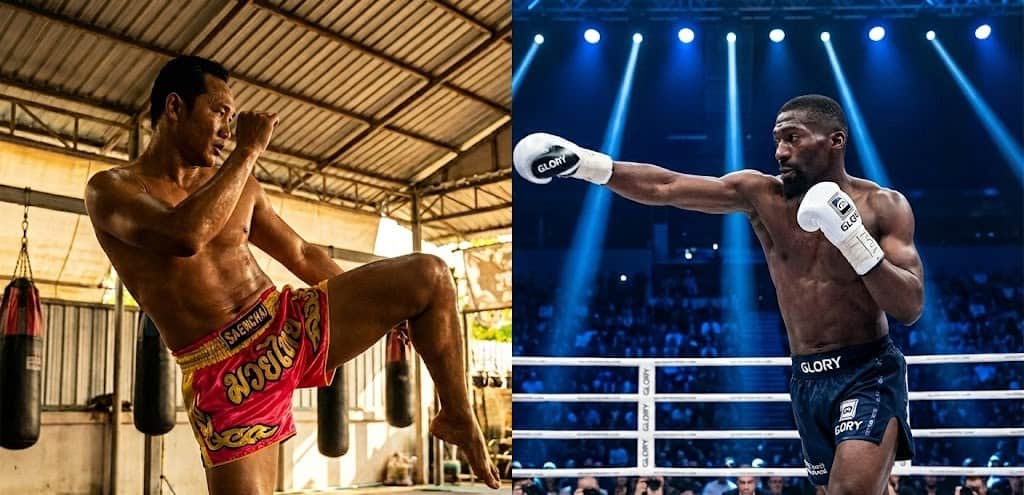 Comparatif visuel entre Saenchai (légende du Muay Thai traditionnel) et Cédric Doumbé (champion de Kickboxing), illustrant la différence de style, de garde et d'équipement entre les deux sports de combat.