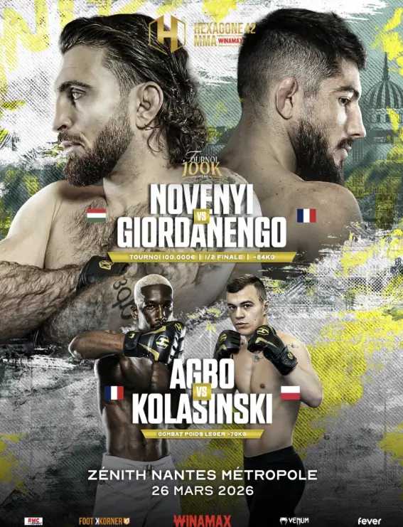Affiche officielle Hexagone MMA 42 au Zénith de Nantes — Novenyi Jr vs Giordanengo