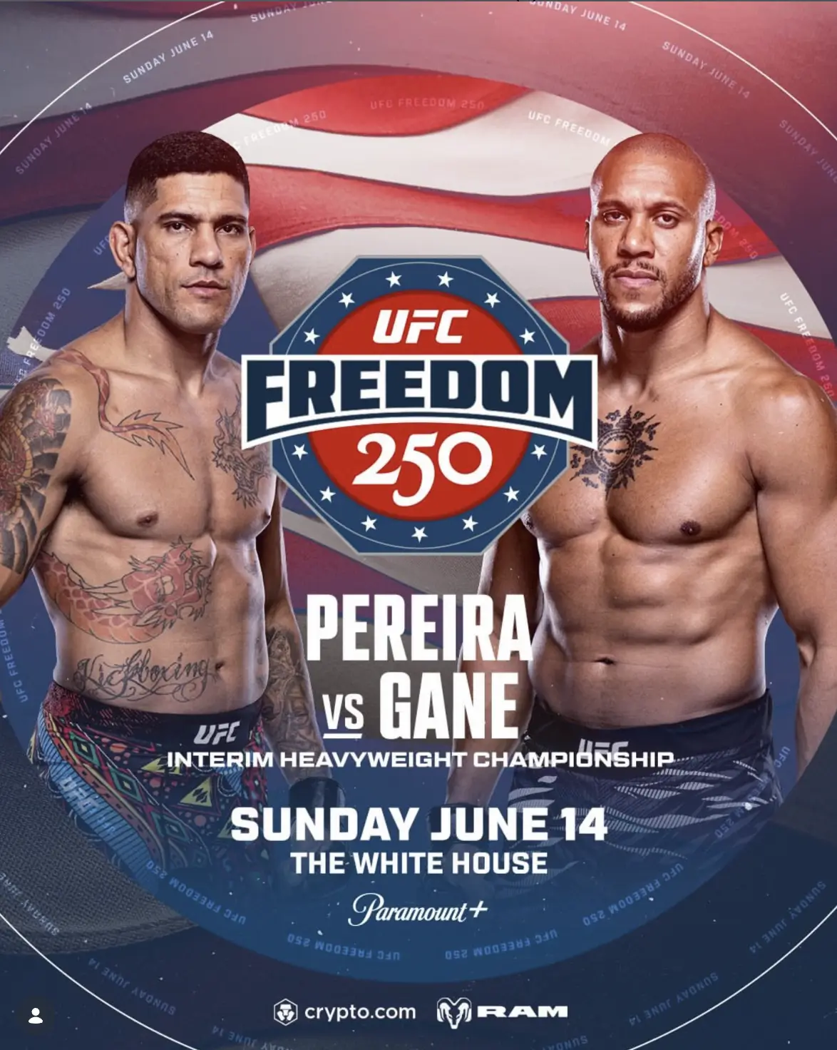 Affiche officielle l'UFC combat pour le titre intérimaire des poids lourds entre Alex Pereira et Ciryl Gane à la Maison Blanche.