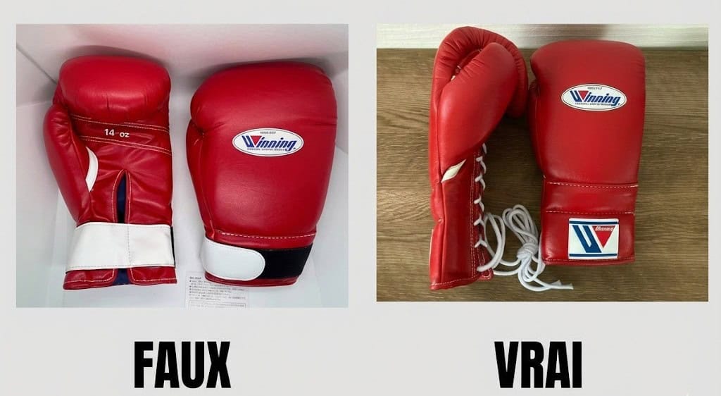 Comparaison côte à côte : Vrais gants Winning Japan authentiques (gauche) contre contrefaçon pakistanaise (droite).