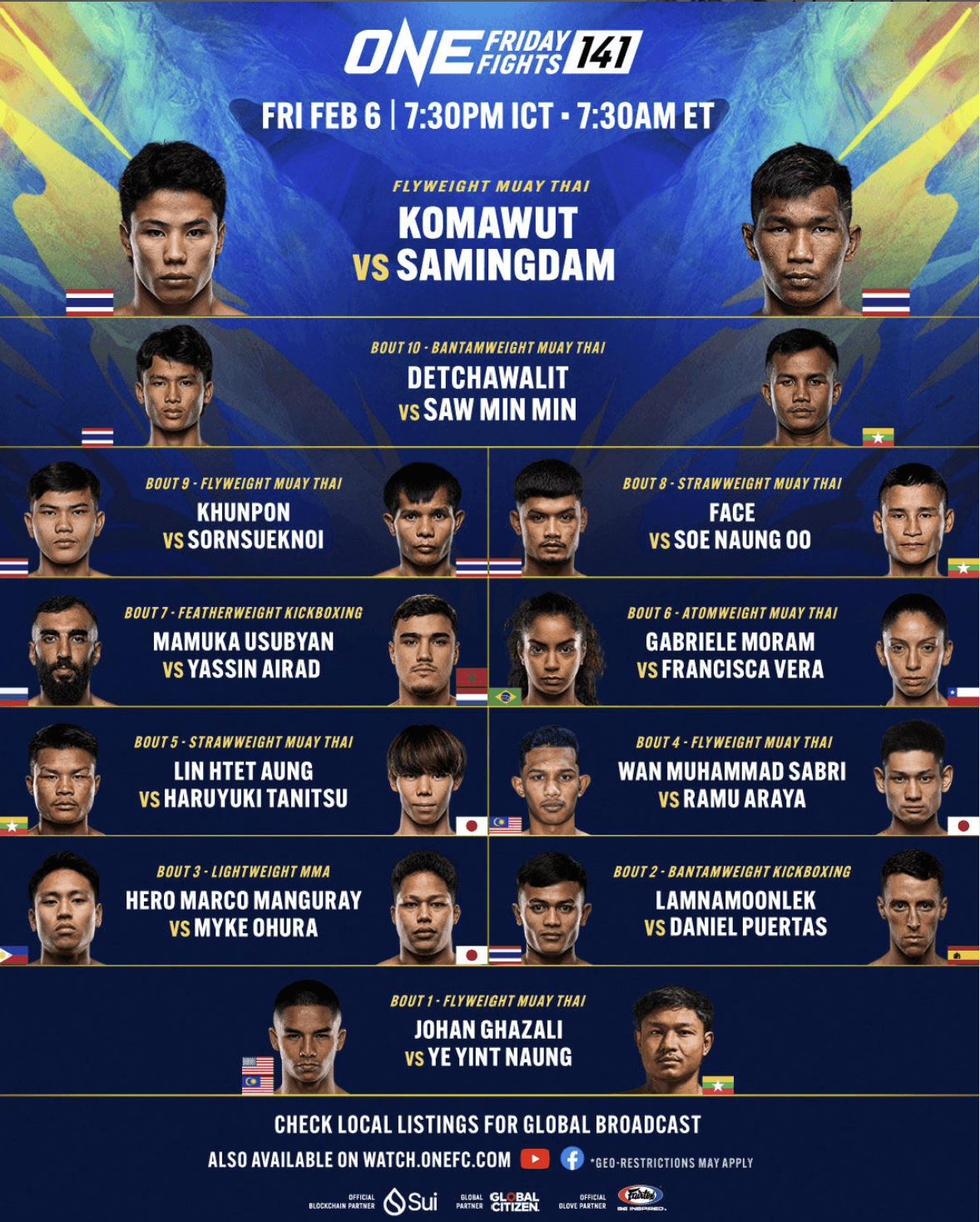 Carte complète des combats ONE Friday Fights 141 : Liste des combattants et programme au Stadium Lumpinee de Bangkok.