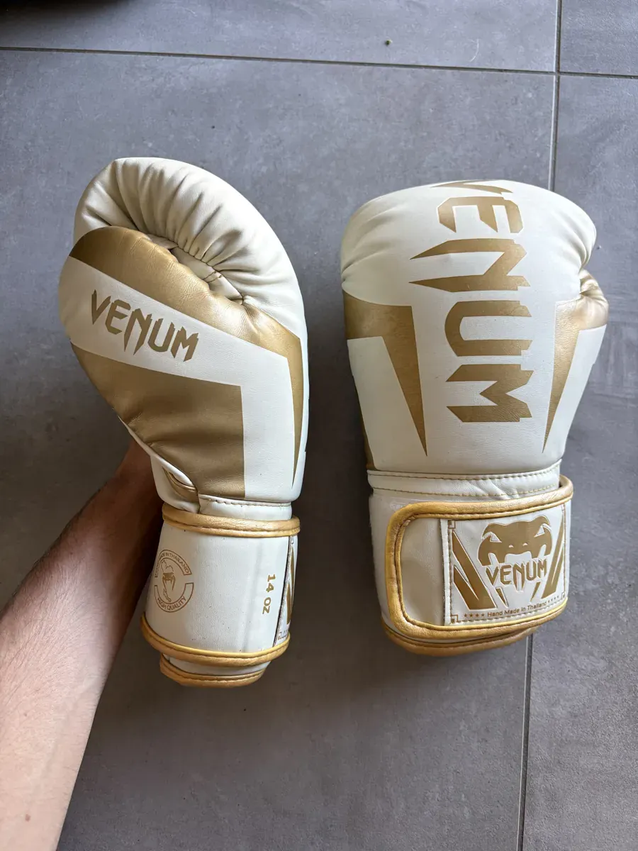 Paire de gants Venum Elite blanc et or 14 oz vue de dos