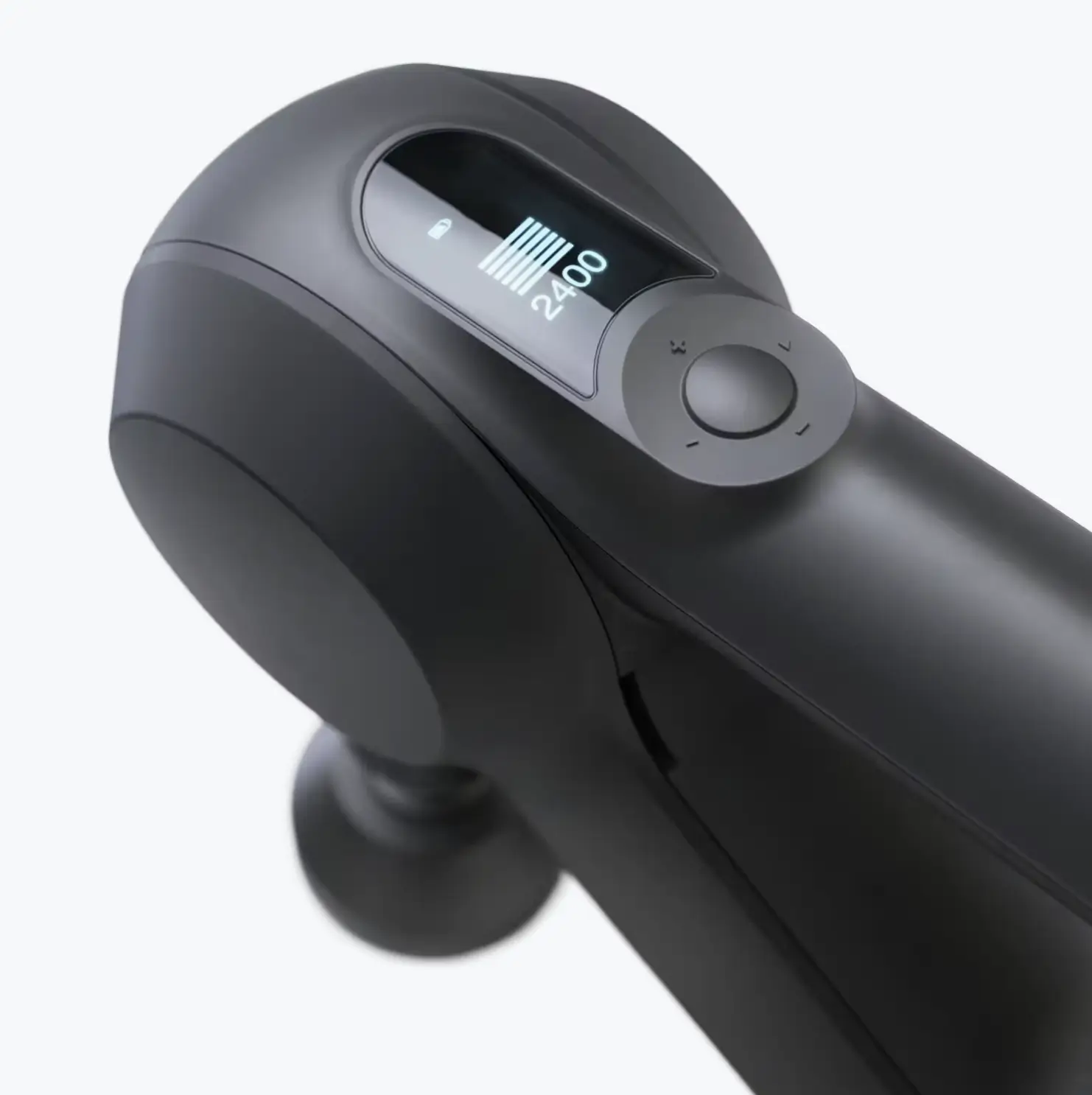 Écran OLED du Theragun Elite G5 affichant les paramètres de récupération et routines guidées