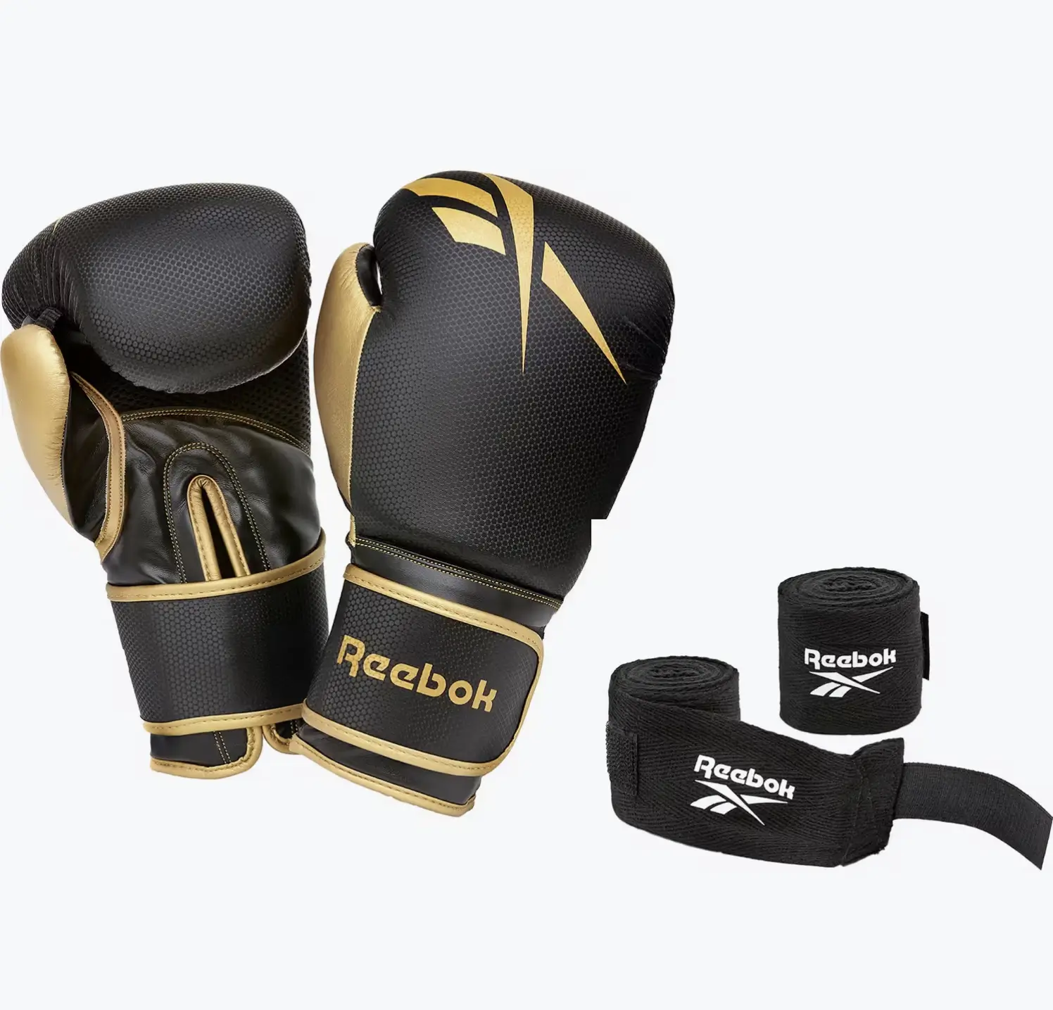 Kit boxe Reebok gants noirs dorés avec bandes — disponible Decathlon