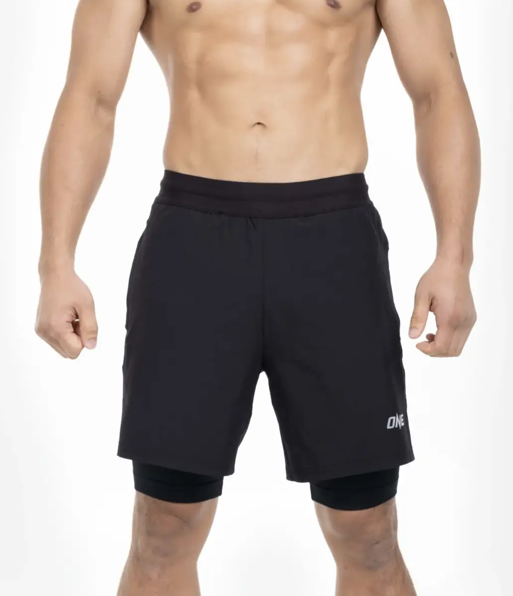 Short 2-en-1 ONE Championship noir face — short entrainement MMA compression integree