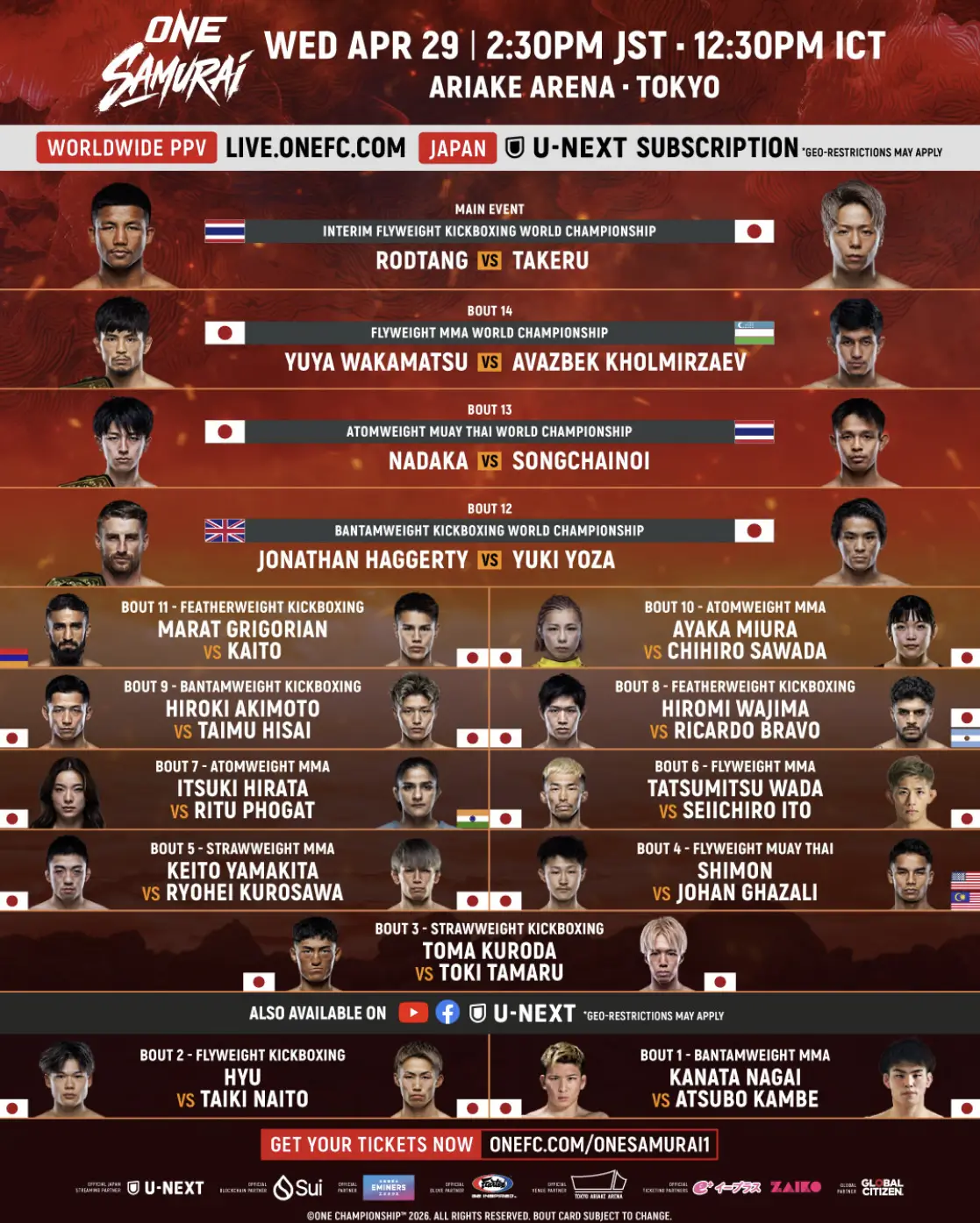 Affiche officielle ONE Samurai 1 — Rodtang vs Takeru 2, Tokyo 29 avril 2026