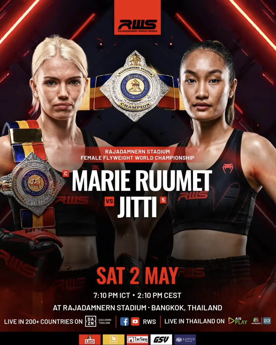 Affiche RWS 2 mai 2026 — Marie Ruumet vs Jitti, Female Flyweight World Championship, Rajadamnern Stadium Bangkok