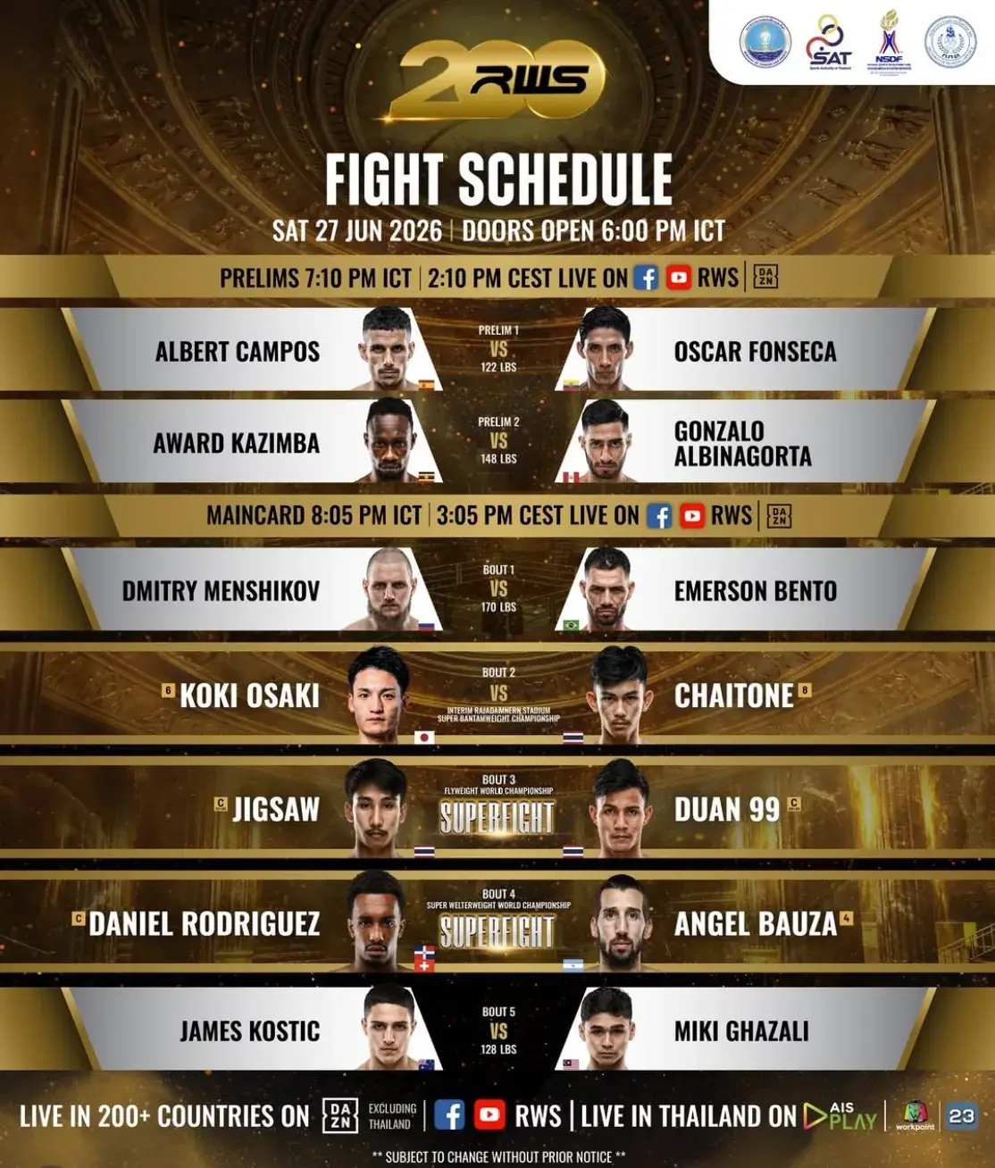 Affiche officielle RWS 200 du 27 juin 2026 au Rajadamnern Stadium Bangkok — Daniel Rodriguez vs Angel Bauza Super Welterweight World Championship, Jigsaw vs Duan 99 Flyweight World Championship, Koki Osaki vs Chaitone Interim Super Bantamweight Championship
