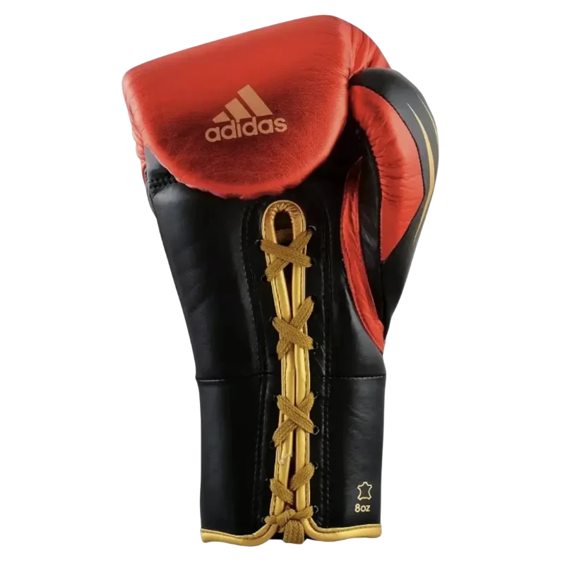 Gants de boxe Adidas Speed Tilt 750 à lacets rouge noir et or – vue de face