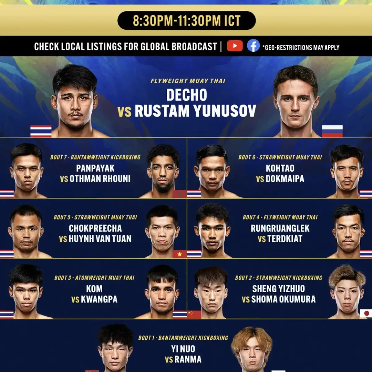 Affiche ONE Friday Fights 155 carte gratuite YouTube Decho vs Rustam Yunusov 22 mai 2026 Lumpinee Bangkok