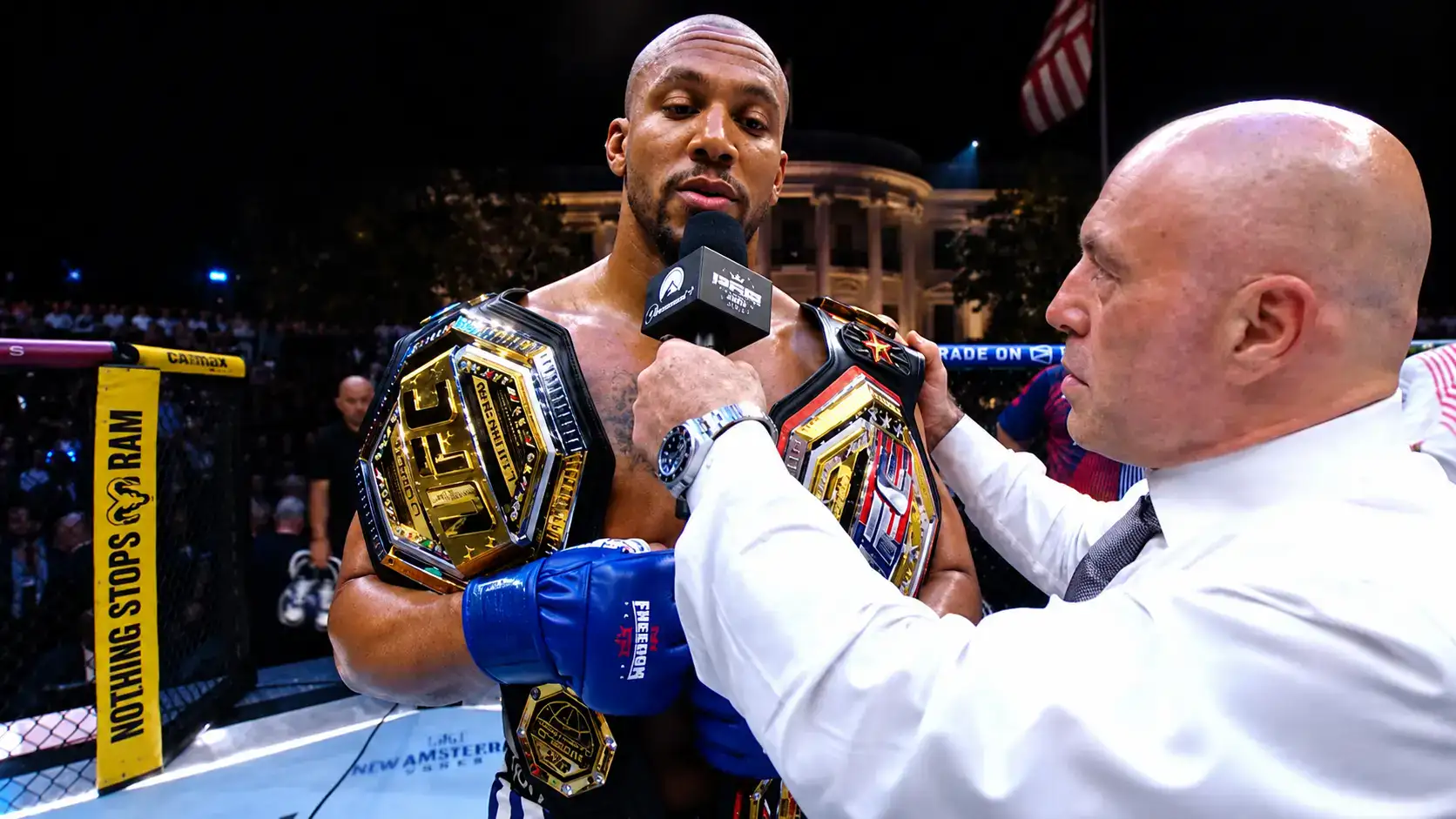 Ciryl Gane double champion intérimaire poids lourds UFC après sa victoire sur Alex Pereira à l'UFC Freedom 250 Maison-Blanche
