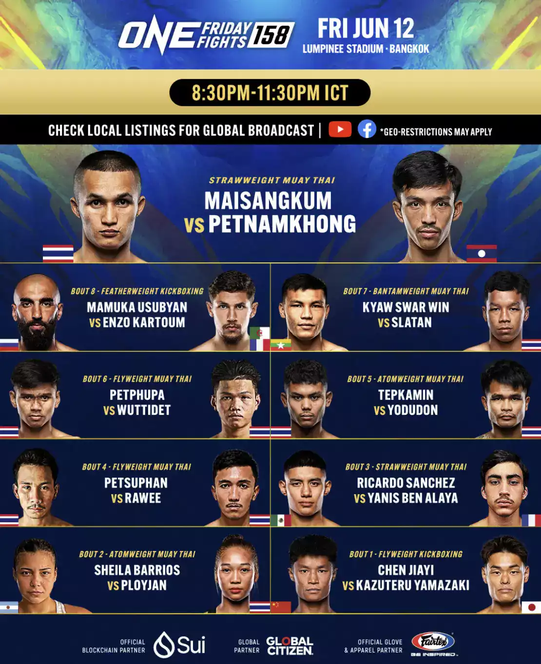 Affiche officielle ONE Friday Fights 158 du 12 juin 2026 au Lumpinee Stadium Bangkok : Maisangkum vs Petnamkhong main event Strawweight Muay Thai, 9 combats YouTube gratuit