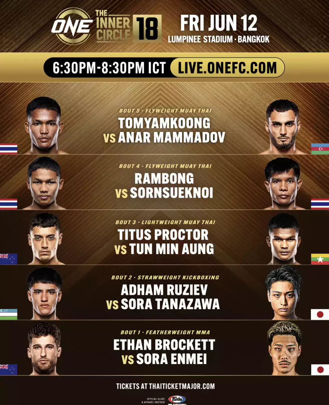 Affiche officielle ONE Inner Circle 18 du 12 juin 2026 au Lumpinee Stadium Bangkok : Tomyamkoong vs Anar Mammadov en main event Flyweight Muay Thai, Titus Proctor, Ethan Brockett, 5 combats sur live.onefc.com