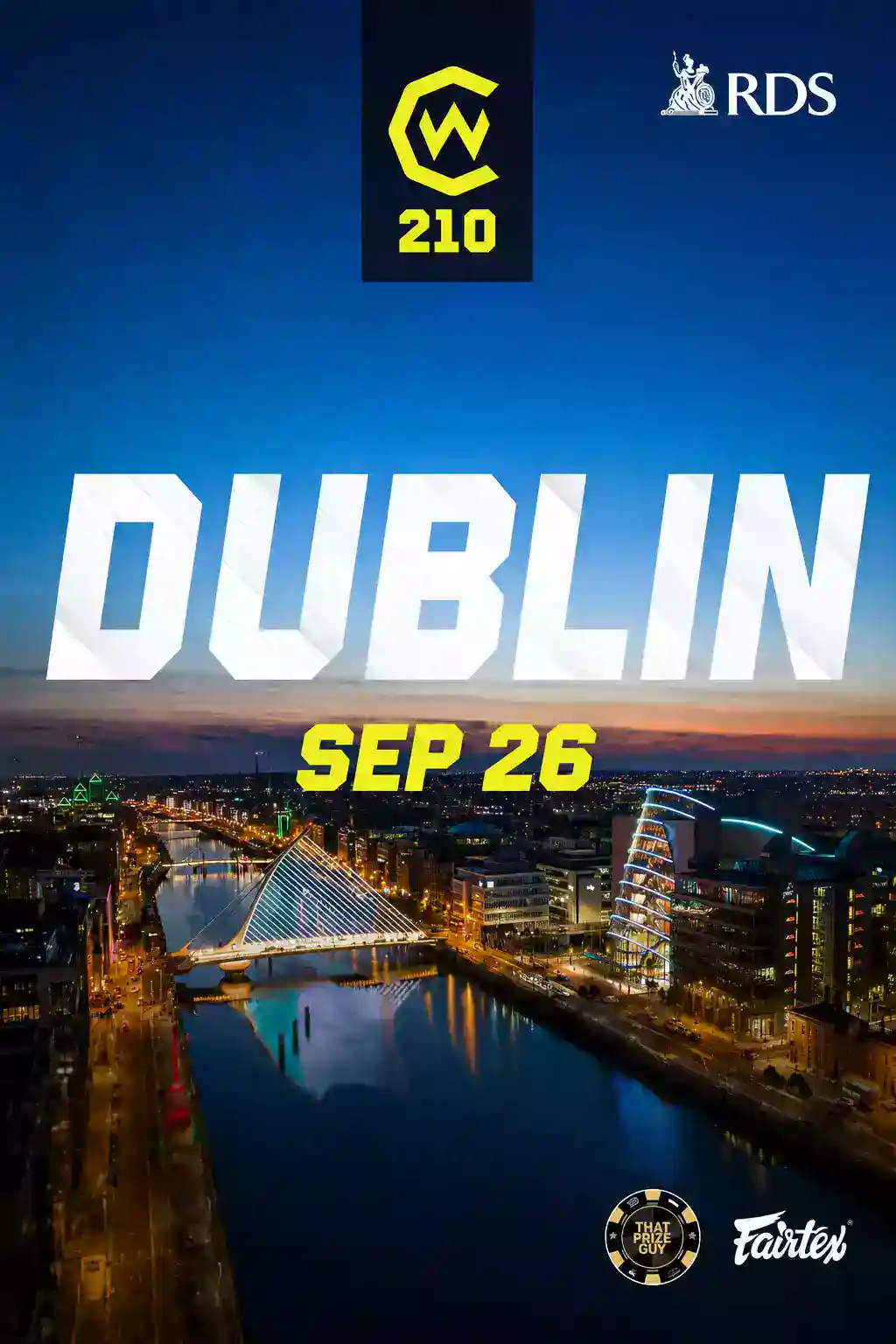 Affiche officielle Cage Warriors 210 à Dublin le 26 septembre : RDS Arena, pont Samuel Beckett et la Liffey au crépuscule