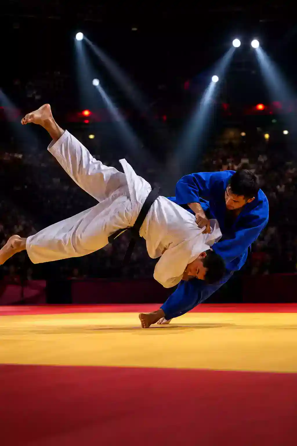 Judoka en kimono bleu projetant son adversaire en blanc pour ippon sur le tatami du Paris Grand Slam de judo, sous les projecteurs de l'arène