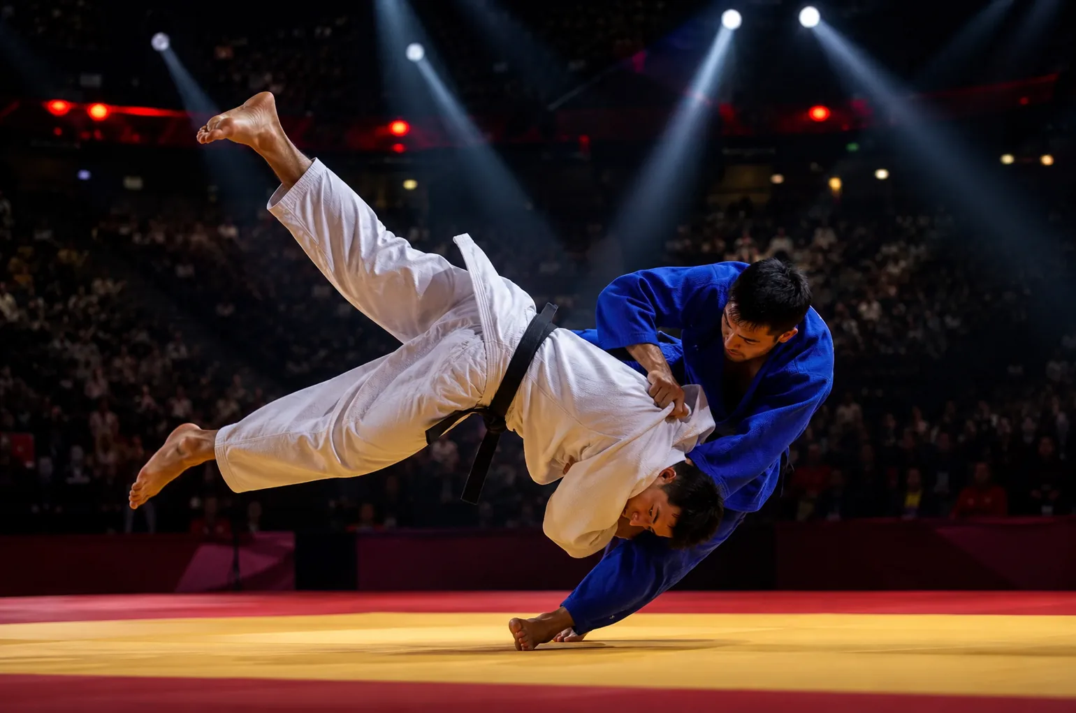 Paris Grand Slam de judo en direct sur RMC Sport : combat d'ippon à l'Accor Arena, judokas en judogi blanc et bleu sur le tatami