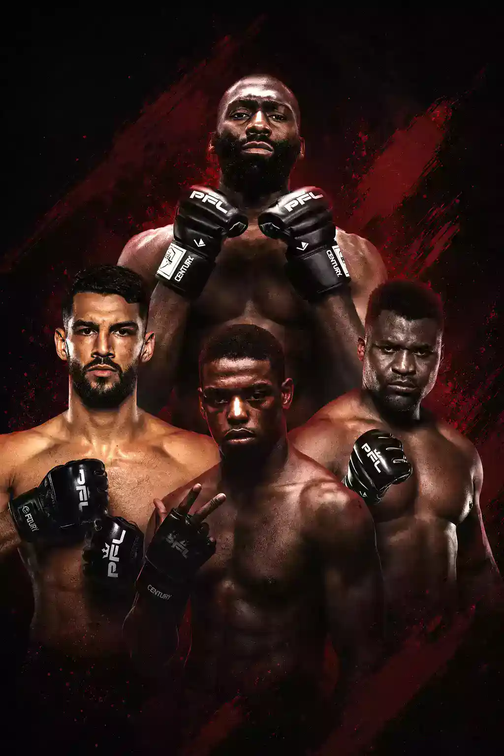 Cédric Doumbé, Francis Ngannou, Patrick Habirora et Asaël Adjoudj, têtes d'affiche du PFL, gants PFL aux poings sur fond rouge et noir