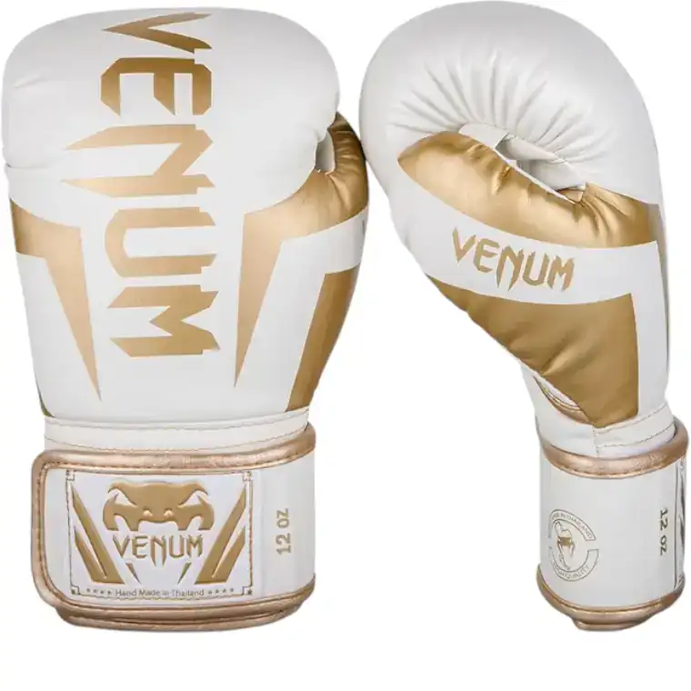 Paire de gants de boxe Venum Elite blanc et or en 12 oz, dos de la main et paume