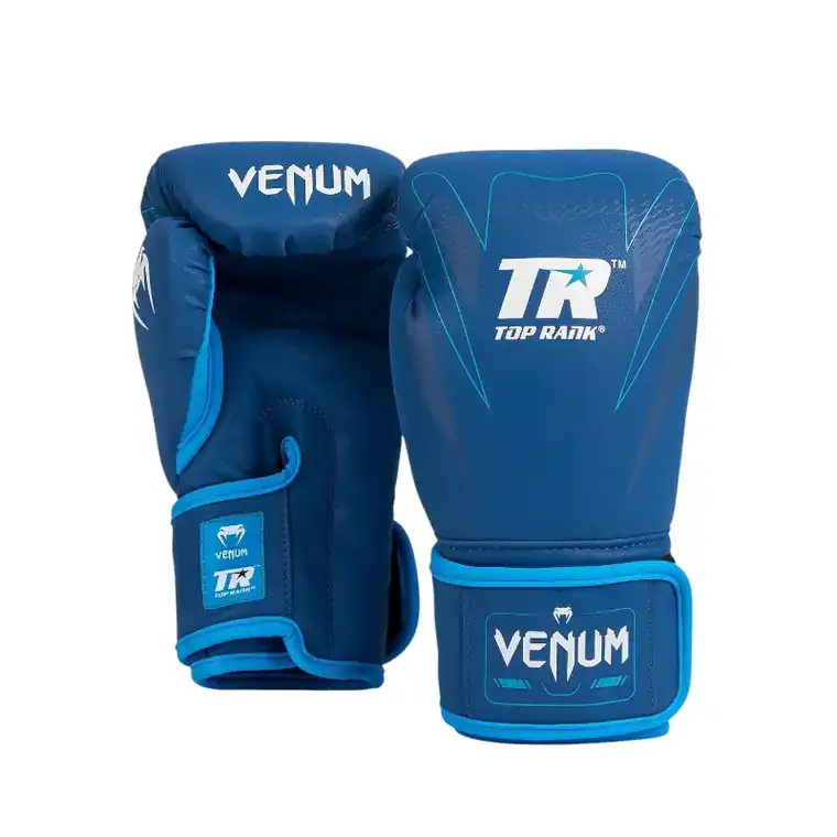 Paire de gants de boxe Venum x Top Rank bleus, dos de la main et paume, logo Top Rank