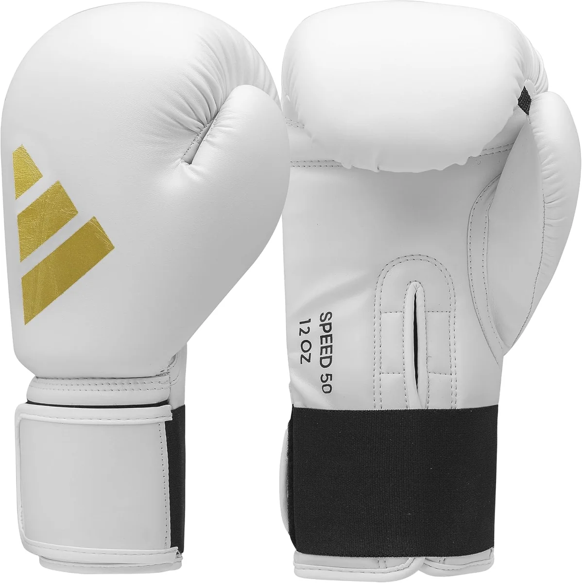 Gants de boxe femme Adidas Speed 50 blancs et or, coupe moulée une pièce sans couture centrale