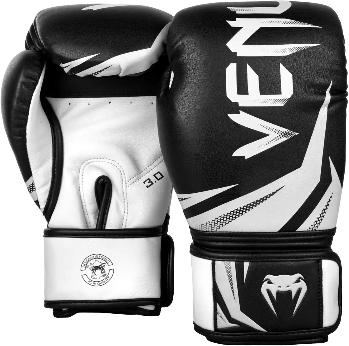 Gants de boxe femme Venum Challenger 3.0 noir et blanc, rembourrage triple densité et velcro large